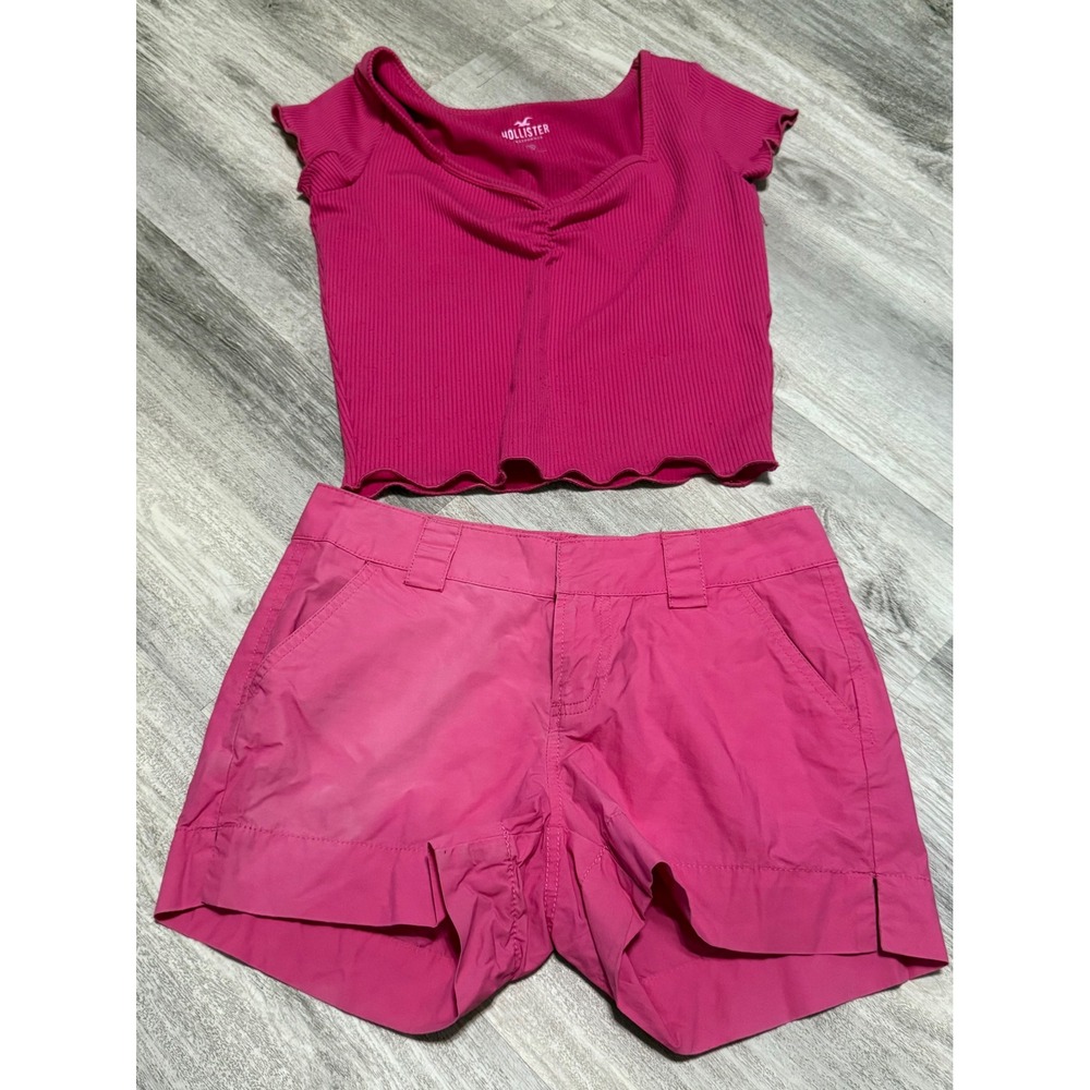 Hollister Ribbed Crop Top & Arizona Jean Co Pink Shorts‎ Set Women XS 0 Hot Pink